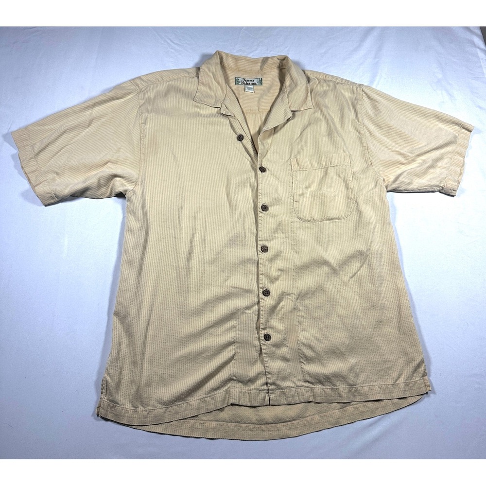 Tommy Bahama Mens Tan 100% Silk Textured Stripe Short Sleeve Camp Shirt Large
